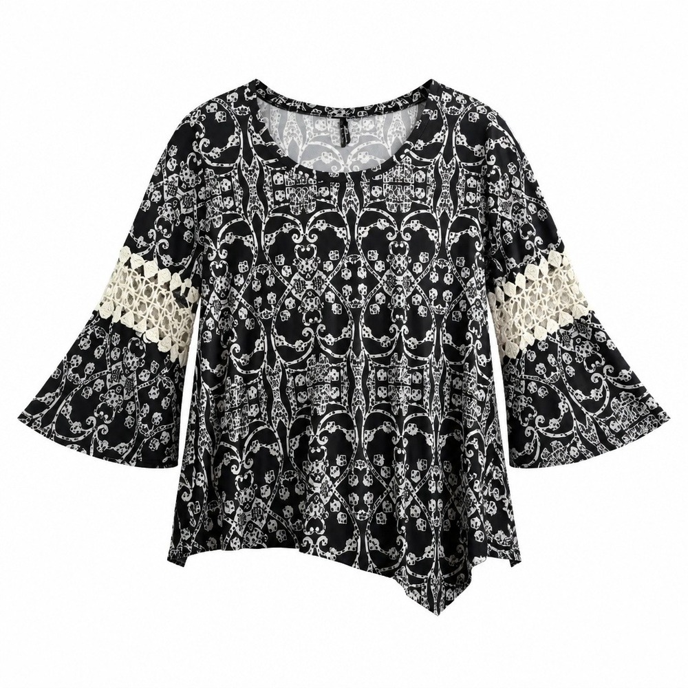 New Directions Woman Black White Print Asymmetric Lace Bell Sleeve Top 5X